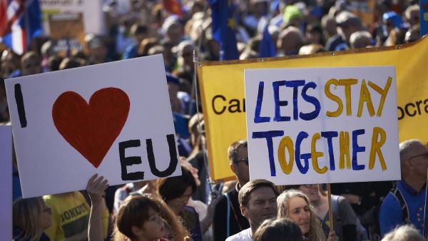 Demonstrators take part in the People's Vote march calling for a referendum on a final Brexit deal in central London. (AFP/File)