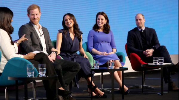 (L-R) Britain's Prince Harry, his Wife Meghan Markle, Britain's Catherine, Duchess of Cambridge and Britain's Prince William, Duke of Cambridge attend the first annual Royal Foundation Forum. (AFP)
