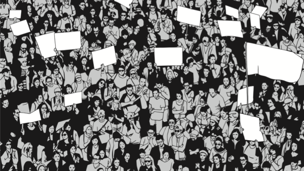 Illustration of crowd protesting for basic human rights with blank signs and flag in three tones: black, white, grey | Shutterstock.