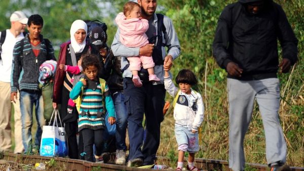 Migrant families walk along a railway track near the border village Roszke, at the Hungarian-Serbian border on August 25, 2015. (AFP/Attila Kisbenedek)