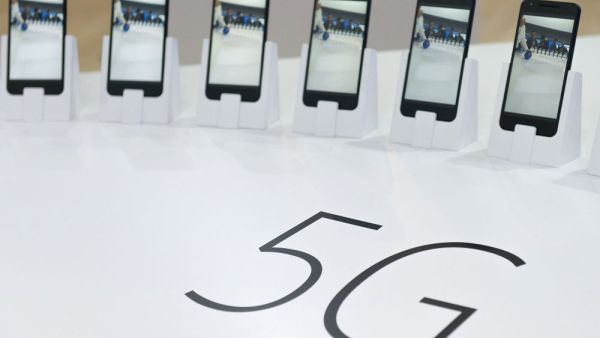 Mobile phones with 5G are displayed at the Mobile World Congress in Barcelona on February 22, 2016. (AFP/File)