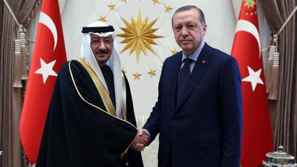 Turkish President Recep Tayyip Erdogan (R) and Waleed Ben Abdel Karim El Khereiji (L), Saudi Arabian Ambassador to Turkey, shake hands during their meeting at presidential complex in Ankara, Turkey on February 07, 2017. (Presidency of Turkey)