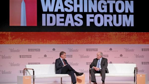 US CIA Director John Brennan (R) discusses his opposition to the JASTA law while being interviewed by The Atlantic National Correspondent Jeffrey Goldberg during the Washington Ideas Forum at the Harman Center for the Arts in Washington DC. (AFP/Chip Somodevilla)
