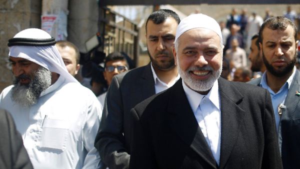 Senior Hamas leader Ismail Haniyeh leaving the mosque after his speech Friday. (AFP/File)
