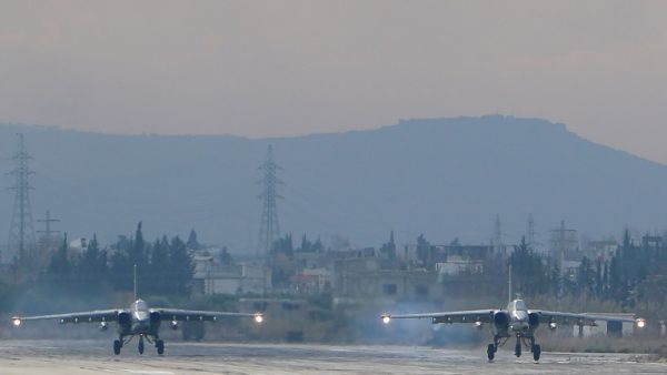 Two Russian Sukhoi Su-24 bombers at the Russian Hmeimim military base in Latakia province. (AFP/File)