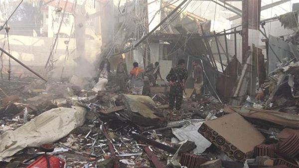 Saudi jets hit a funeral in the south of the Yemeni capital Sana'a on Saturday, October 8, 2016. (Provided by Yemeni media)
