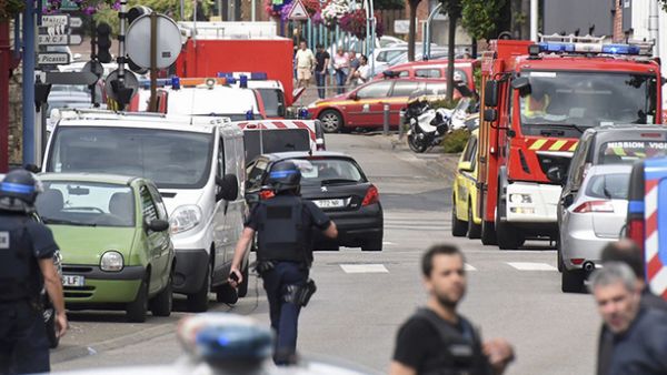 The aftermath today's attack at the Saint-Étienne-du-Rouvray church in Normandy, France (AFP/File)