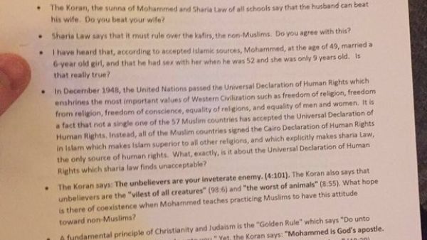 The questionnaire handed out to local Muslim constituents. (Twitter) 