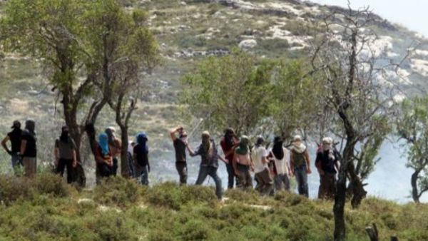 مستوطنون مقنعون يقذفون فلسطينيين بالحجارة،الثلاثاء، في قرية عوريف بالضفة الغربية في اعقاب مقتل مستوطن/أ.ف.ب