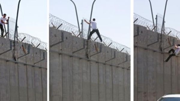 صورة مجمعة لعملية قيام شاب فلسطيني بتسلق الجدار العازل من الضفة الى اسرائيل بحثا عن عمل/أ.ف.ب