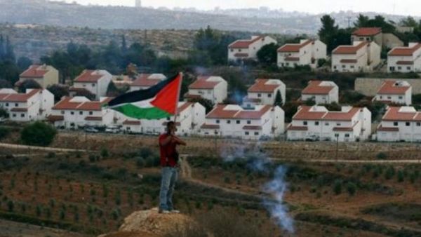 فلسطيني يحمل علما فلسطينيا مقابل مستوطنة يهودية في الضفة الغربية المحتلة
