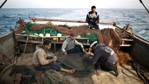 Palestinian fishermen fix nets on a boat as they start fishing off the coast of the Gaza Strip on April 3, 2016. (AFP/File)