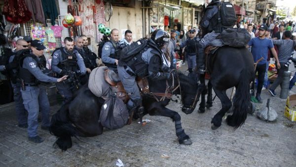 An Israeli border policeman and his horse fall in Jerusalem's Old City on April 29, 2017 during clashes with Palestinian demonstrators following a gathering in support of Palestinians imprisoned in Israeli jails. (AFP/Ahmad Gharabli)