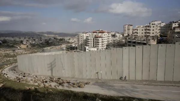 A Palestinian shepherd walks by the controversial wall in East Jerusalem. (AFP/Ahmad Gharabli)