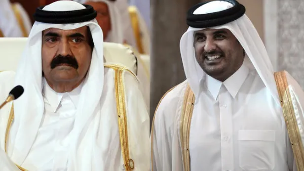 atar's Emir Hamad bin Khalifa al-Thani attending the opening of the Arab League summit in the Qatari capital Doha, and his son, Qatari Crown Prince Sheikh Tamim bin Hamad al-Thani smiling as he arrives in the Bahraini capital of Manama (Karim Sahib/Mohammed Al-Shaikh / AFP)