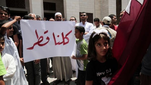 Palestinians attend a rally in support of Qatar, at the Qatari-funded housing project in the southern Gaza Strip city of Khan Yunis on June 9, 2017. (Said Khatib/AFP)