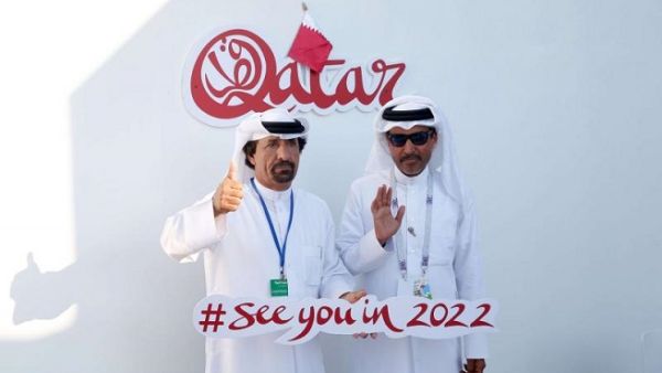 Two Qatari men at the Majlis Qatar pavilion in Moscow’s Gorky Park, on July 12. (AFP)