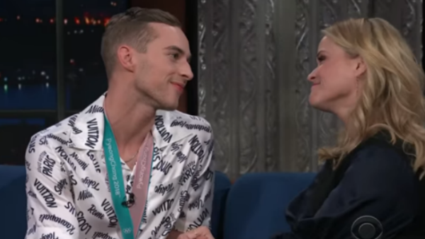 Host Stephen Colbert surprised the actress and brought out Rippon after sharing how the A Wrinkle in Time star previously said on Twitter that the athlete was the number one reason to watch the Winter Olympics.
 (Source: The Late Show with Stephen Colbert - Youtube)