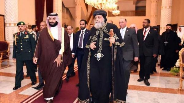 Different era. Coptic Orthodox Pope Tawadros II (C-R) and Saudi Crown Prince Mohammed bin Salman bin Abdulaziz (C-L) at the Cathedral of Abbasiya in Cairo, last March. (AFP)