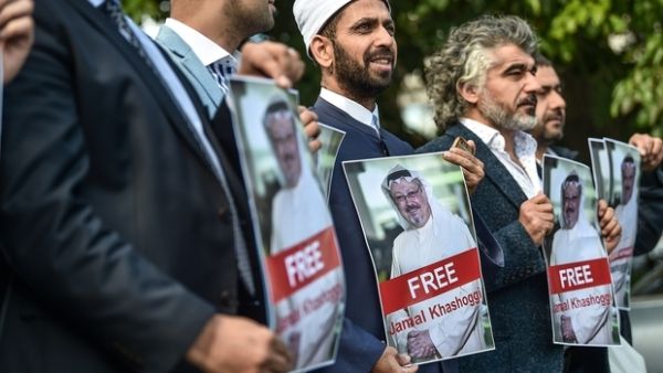 Photos of missing journalist Jamal Khashoggi during a demonstration in front of the Saudi Consulate in Istanbul. (AFP/File)