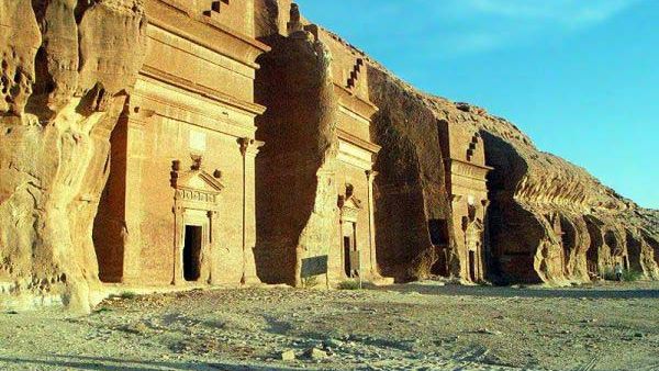A row of tombs from the al-Khuraymat group, in the archaelogical Nabatean site of Mada'in Saleh. (Wikipedia)