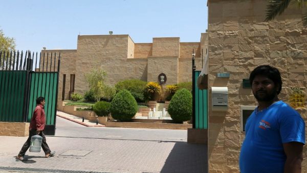 A picture shows the Indian embassy in the Saudi capital Riyadh on August 2, 2016. New Delhi was working to feed more than 10,000 Indian labourers stranded in the Gulf with no wages after losing their jobs, in what Foreign Minister Sushma Swaraj called a "food crisis". (AFP/Stringer)