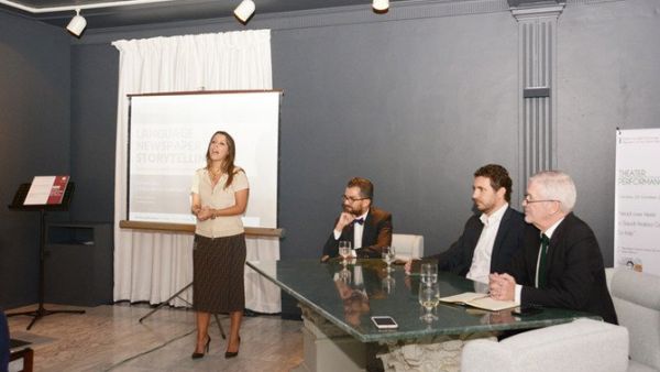 Italian Consul General Elisabetta Martini speaks at a seminar during the Italian Language Week celebrations in Jeddah on Wednesday. (Arab News)