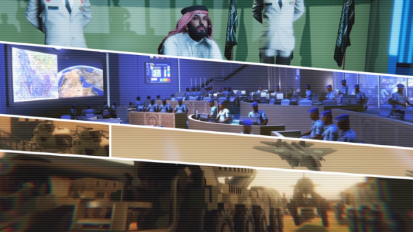 Saudi Crown Prince and Defense Minister, Mohammed bin Salman, is depicted in cartoon form, running the operation from a command center (Rami Khoury/Albawaba)