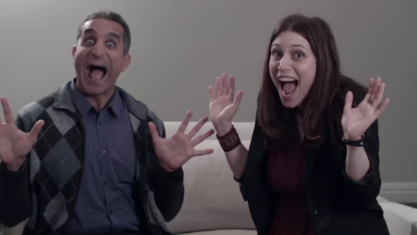 A still of Bassem and Sara from the Tickling Giants trailer. (Image: YouTube still)