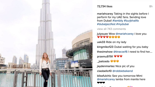 Mariah poses in front of the beautiful Burj Khalifa. (Instagram)