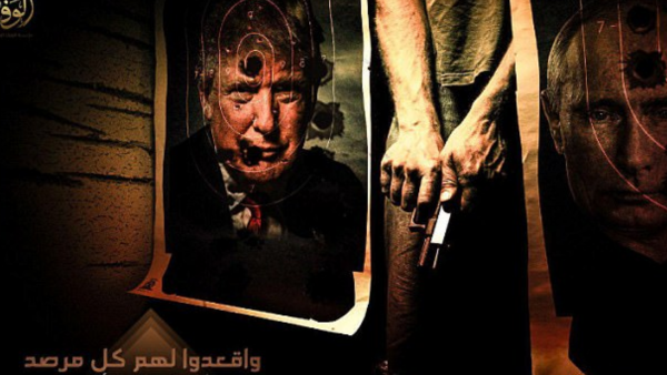 ISIS fighters have released a new propaganda photo featuring the bullet-ridden faces of Donald Trump and Vladimir Putin on shooting targets 