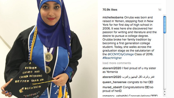 Michelle Obama's Instagram post praising a female Muslim student who gave the salutatory speech at a New York City college on Friday. 