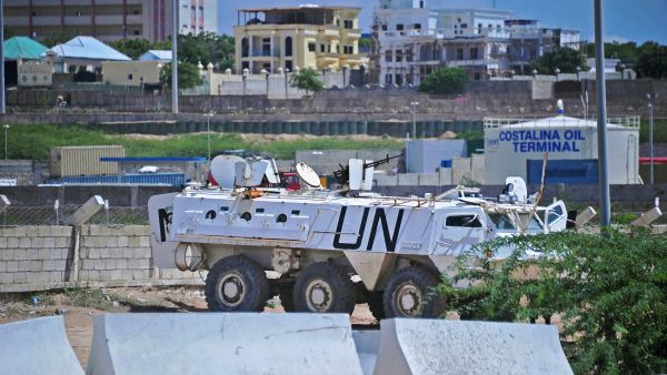 A UN peacekeeper's armored vehicle parked at Mogadishu's airport, May 1 2017. (AFP/Mohamed Abdiwahab)
