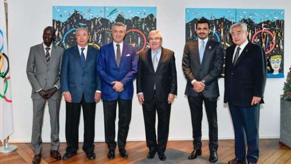 Yiech Pur Biel (left) with Qatar Olympic Committee president HE Sheikh Joaan bin Hamad al-Thani (second right) and other dignitaries at the inaugural board meeting of the Olympic Refuge Foundation in Lausanne, Switzerland.