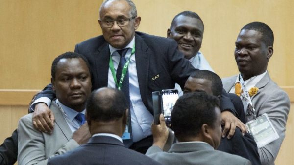 Ahmad Ahmad (2ndL) of Madagascar reacts after being elected the new president of the Confederation of African Football (CAF) in Addis Ababa on 16 March 2017, ousting veteran leader Issa Hayatou after 29 years in office.
Zacharias Abubker / AFP