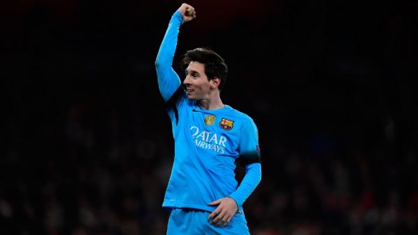 Barcelona's Argentinian forward Lionel Messi celebrates scoring his team's second goal from the penalty spot during the UEFA Champions League round of 16 1st leg football match between Arsenal and Barcelona at the Emirates Stadium in London on February 23, 2016.
Barcelona won the match 2-0.
JAVIER SORIANO / AFP Barcelona's Argentinian forward Lionel Messi celebrates scoring his team's second goal from the penalty spot during the UEFA Champions League round of 16 1st leg football match between Arsenal and Barcelona at the Emirates Stadium in London on February 23, 2016.
Barcelona won the match 2-0.
JAVIER SORIANO / AFP