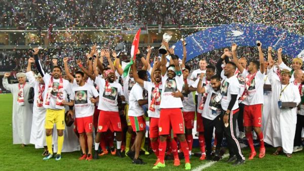 Oman's players celebrate after winning the Gulf Cup of Nations 2017 final football match between Oman and the UAE at the Sheikh Jaber al-Ahmad Stadium in Kuwait City on January 5, 2018.
GIUSEPPE CACACE / AFP Oman's players celebrate after winning the Gulf Cup of Nations 2017 final football match between Oman and the UAE at the Sheikh Jaber al-Ahmad Stadium in Kuwait City on January 5, 2018.
GIUSEPPE CACACE / AFP