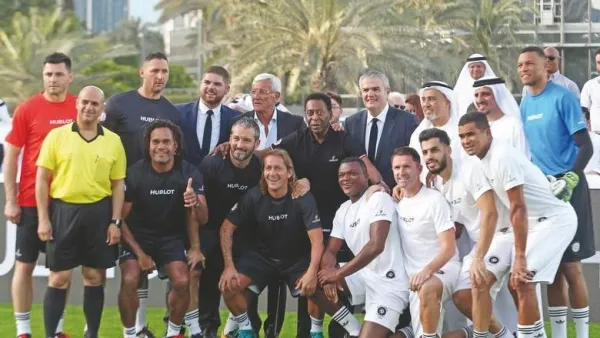 Pele with Ricardo Guadalupe, CEO, Hublot; Abdul Hamied Seddiqui, vice-chairman, Seddiqi Holding; and footballers Dida, Robbie Keane, Serginho, Marcel Desailly, Marcello Lippi, Marco Ameila, Marco Materazzi, Gianluca Zambrotta, Chrsitian Karembeu, Majed Hassan and Michel Salgado during the Hublot Match of Friendship Football Game at the Dubai Opera Garden on Sunday
(Photo: Dhes Handumon)