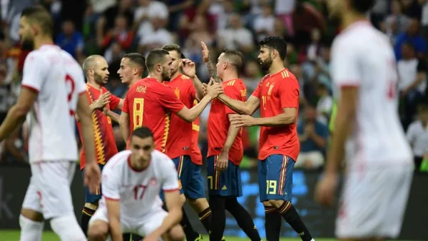 Spain's forward Iago Aspas (2nd R) celebrates with team mates after scoring a goal during the friendly football match between Spain and Tunisia at Krasnodar's stadium on June 9, 2018.
PIERRE-PHILIPPE MARCOU / AFP