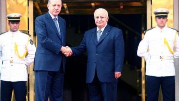 رئيس الوزراء التركي رجب طيب اردوغان (يسار) مصافحا نظيره السوري ناجي العطري في انقرة 