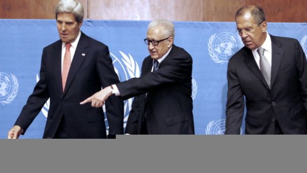 US Secretary of State John Kerry, United Nations-Arab League special envoy for Syria Lakhdar Brahimi and Russian Foreign Minister Sergei Lavrov attend a press conference after their high-stakes talks on Syria's chemical weapons at the UN headquarters in Geneva, on September 13, 2013. [Getty Images]