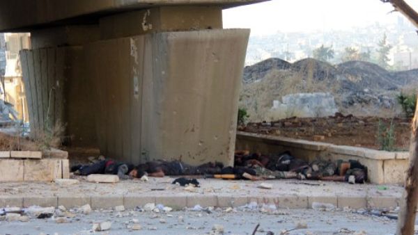 جثث مقاتلون من المعارضة تحت جسر في حلب/أ.ف.ب