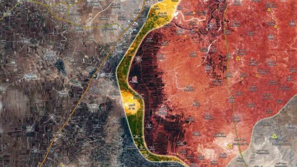 خريطة ريف حلب الحنوبي، حيث يُظهر اللون الاحمر مناطق سيطرة الجيش السوري واللون الاصفر مناطق الاشتباكات