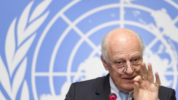 UN Special Envoy for Syria Staffan de Mistura gestures as he speaks during a press conference on the eve of a sixth round of Syria peace talks on May 15, 2017 at the United Nations office in Geneva. (AFP/Fabrice Coffrini)