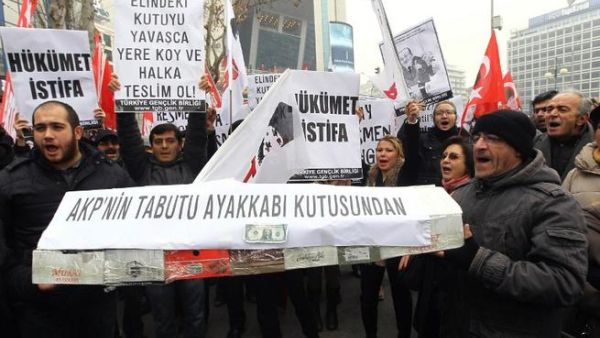 People shout anti-government slogans as they carry a casket made of empty shoe boxes during a protest against corruption in Ankara, on December 21, 2013. [AFP]