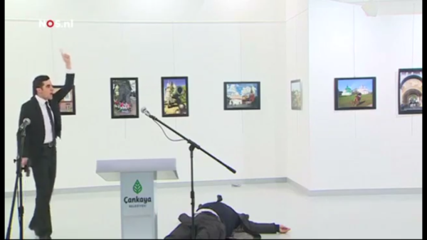 The Russian ambassador's killer repeatedly shouts "Don't forget Aleppo"