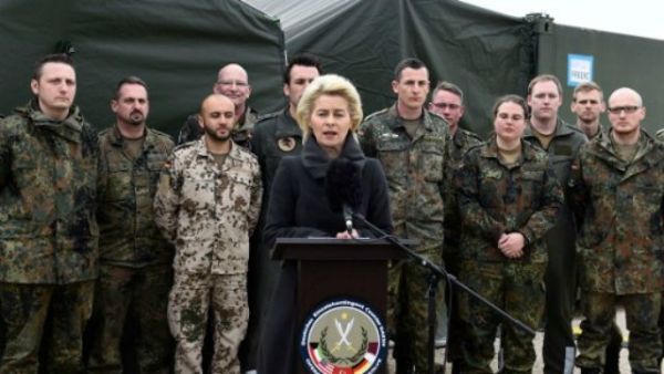 German Defence Minister Ursula von der Leyen gives a statement to the media during a visit of the German Armed Forces Bundeswehr at the air base in Incirlik, Turkey, on January 21, 2016. (AFP)