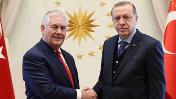 US secretary of state Rex Tillerson with Turkish President Recep Tayyip Erdogan on 30 March. (AFP)