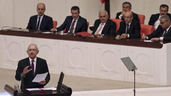 Turkey's main opposition leader Kemal Kilicdaroglu speaks during a special debate of the General Assembly on the anniversary of the coup attempt (Adem Altan/AFP)