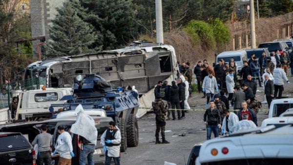 A bombing attack in Diyarbakir, southeastern Turkey, killed six police officers. (AFP/Ilyas Akengin) A bombing attack in Diyarbakir, southeastern Turkey, killed six police officers. (AFP/Ilyas Akengin)